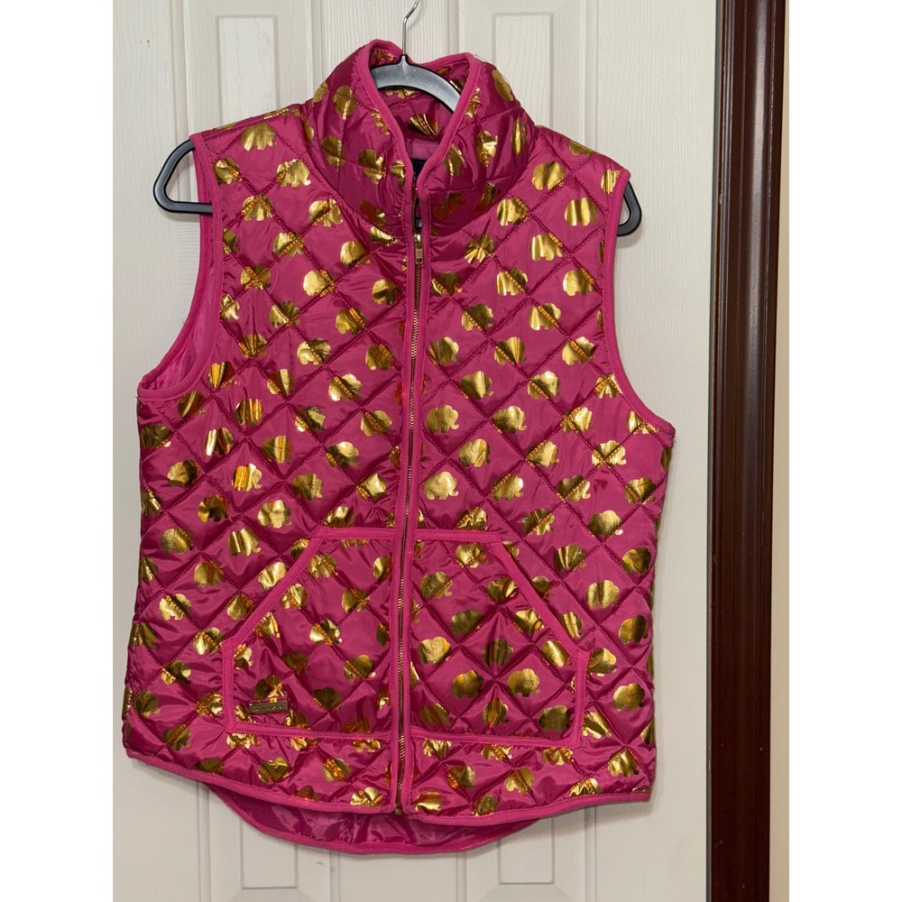 Simply‎ Southern Pink & Gold Elephant Quilted Puffer Vest Womens L